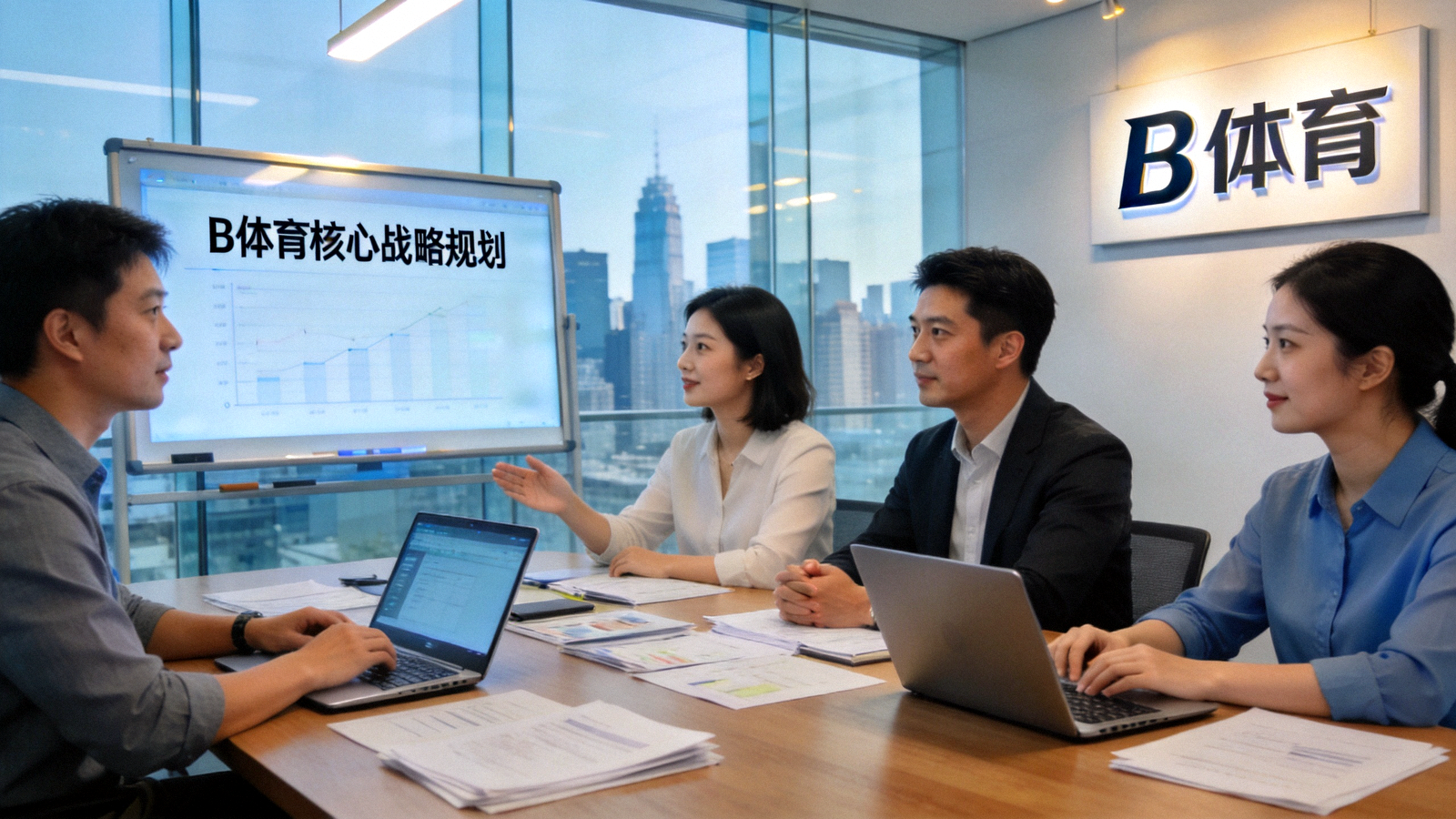 B体育核心团队成员在现代化办公室中协作讨论的场景