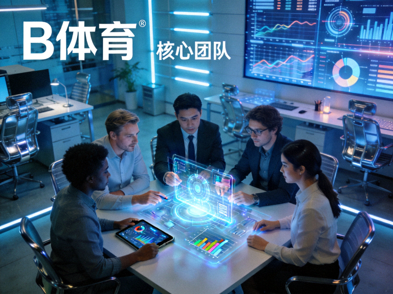 B体育核心团队工作场景概念图 - 成员在充满科技感的办公室中协作