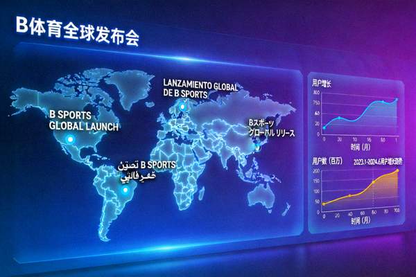 B体育平台全球发布会的多语言界面展示 - 世界地图与用户增长曲线