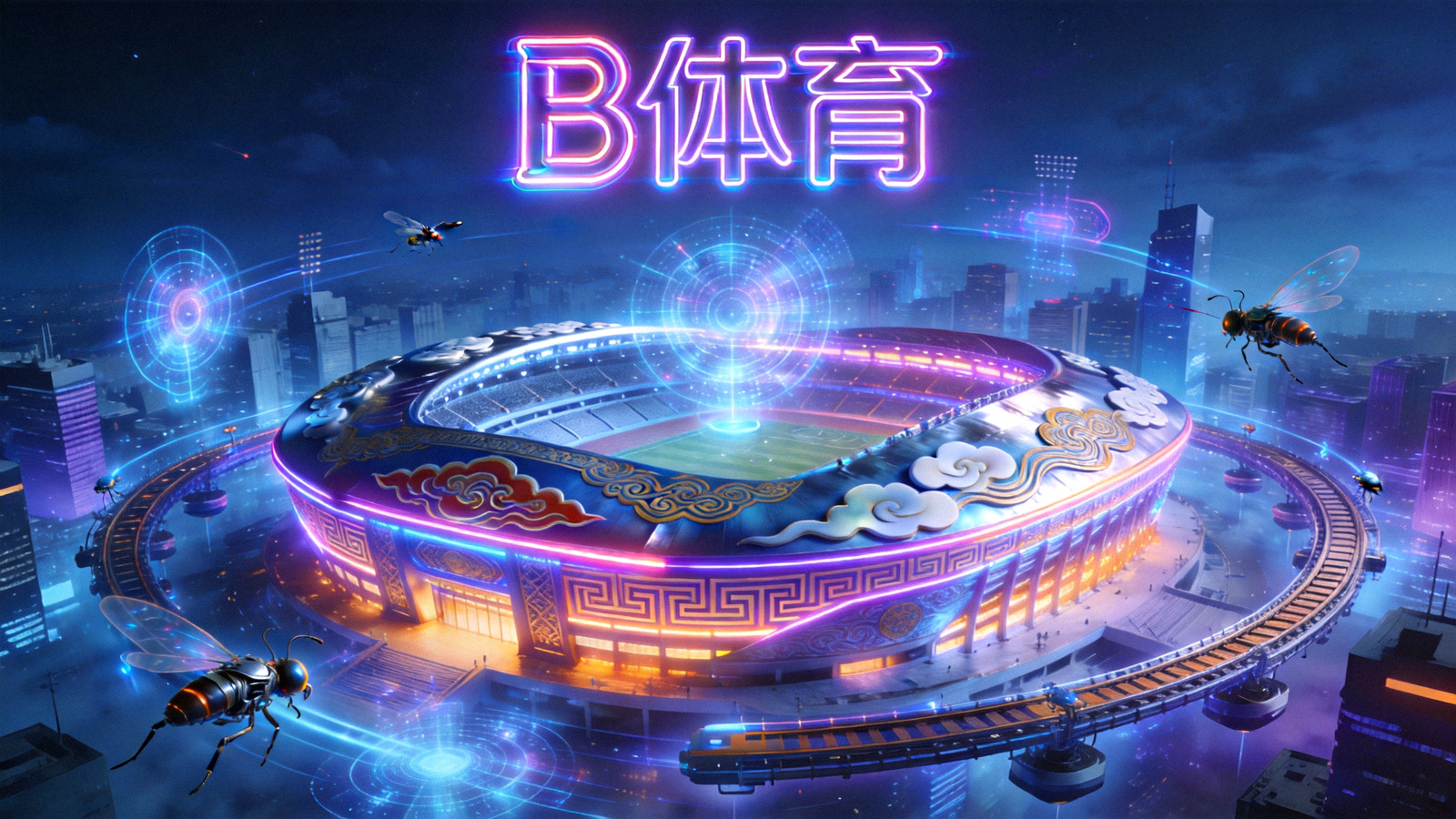 B体育赛博国潮风格主视觉背景图 - 未来科技感体育场馆