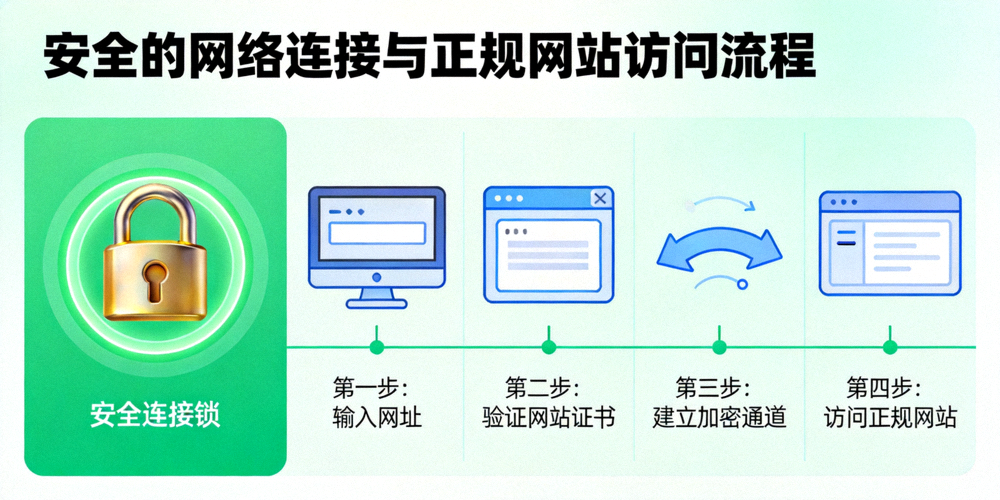 示意图：安全的网络连接锁图标与正规网站访问流程