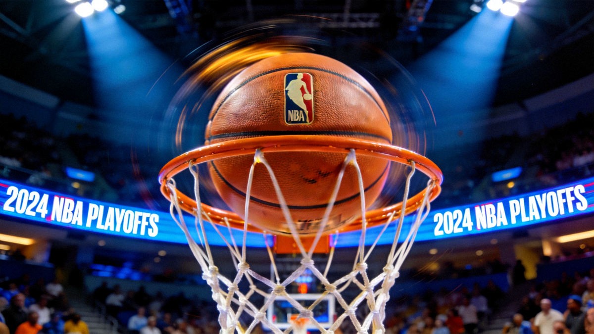 NBA季后赛篮球特写镜头，篮球在篮筐上方旋转，背景是充满聚光灯的球场，象征着激烈的季后赛对决与格局分析