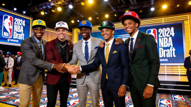 NBA选秀大会现场，年轻球员戴着球队帽子合影