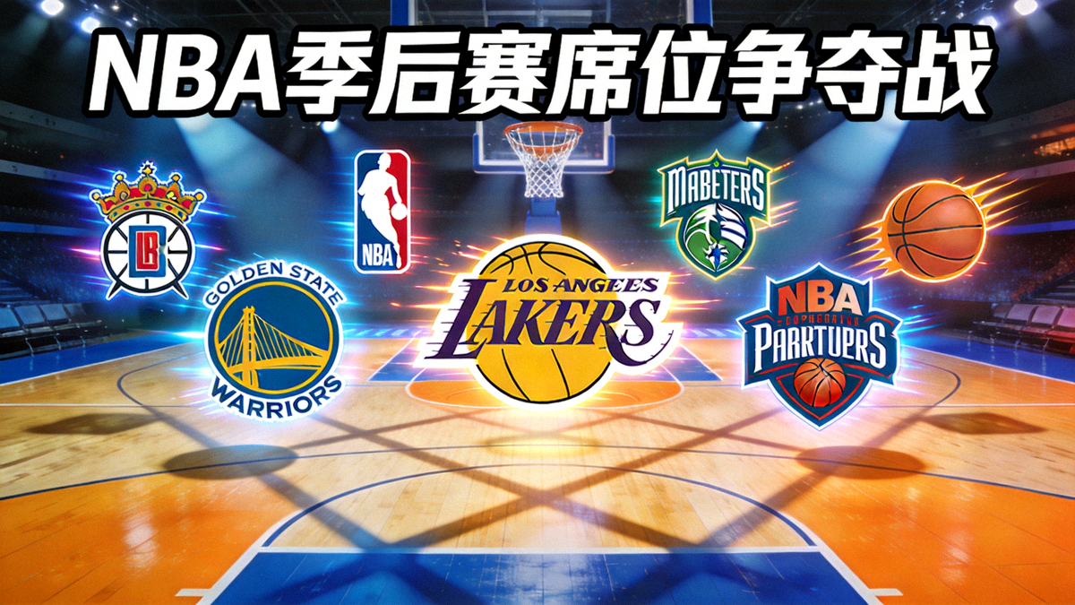 NBA季后赛席位争夺战概念图，多支球队队徽与篮球场光影交织，展现激烈竞争氛围