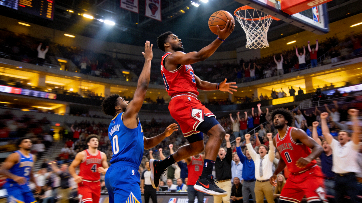 NBA季后赛激烈对抗瞬间，球员飞身扣篮，观众沸腾