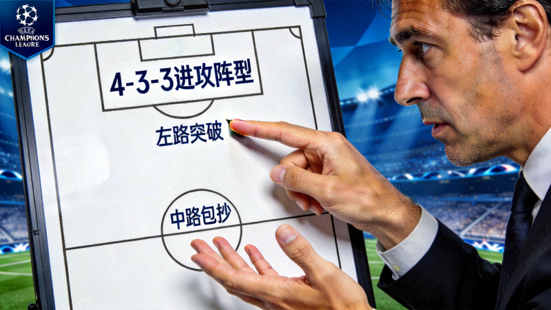 欧冠半决赛战术博弈示意图，教练手势特写