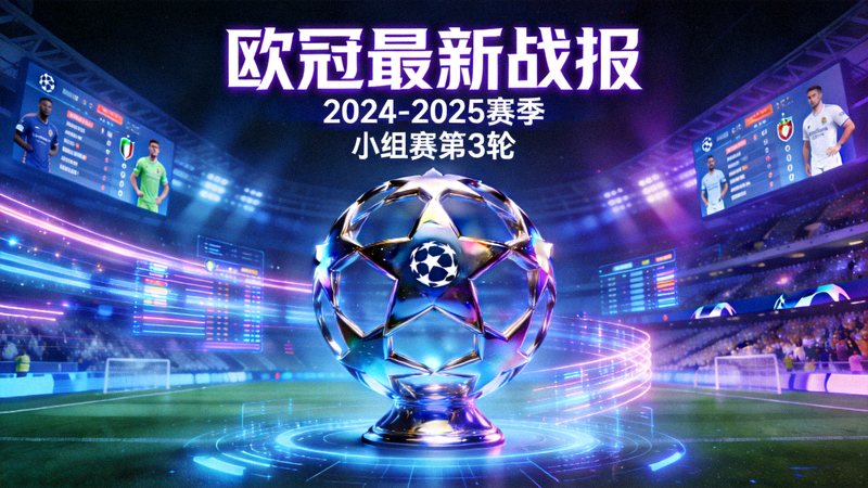 欧冠最新战报视觉图，欧冠星形奖杯与数字化赛场融合