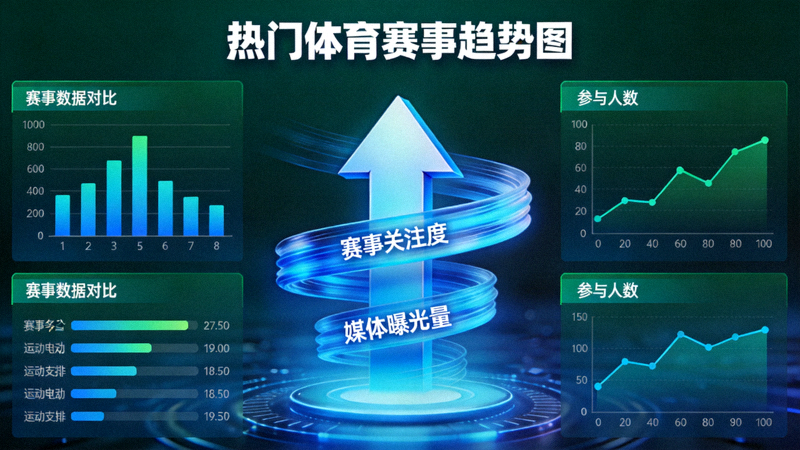 热门体育赛事趋势图表，上升箭头与数据流
