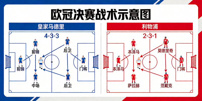 欧冠决赛战术板示意图，展示双方阵型站位与跑动路线