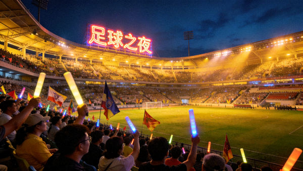 足球场灯光夜景，球迷坐满看台