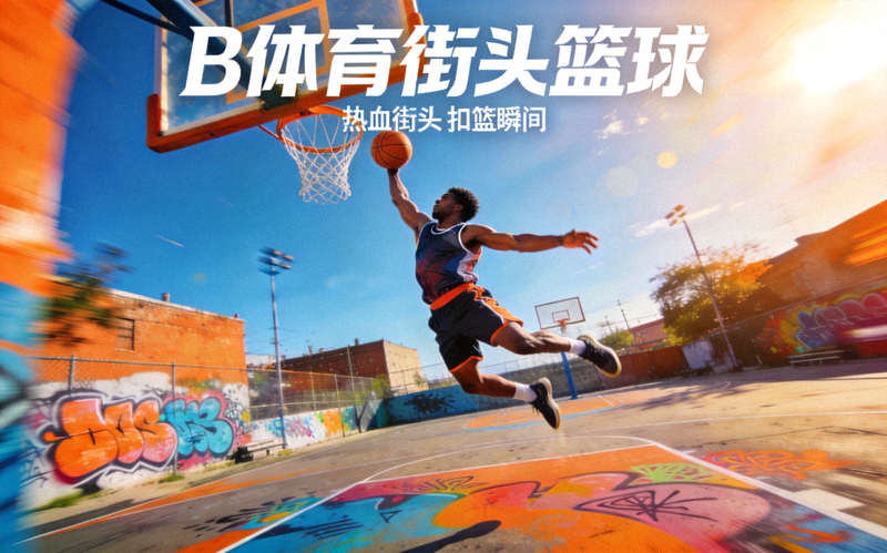 B体育街头篮球项目展示图 - 篮球运动员在球场上跃起扣篮