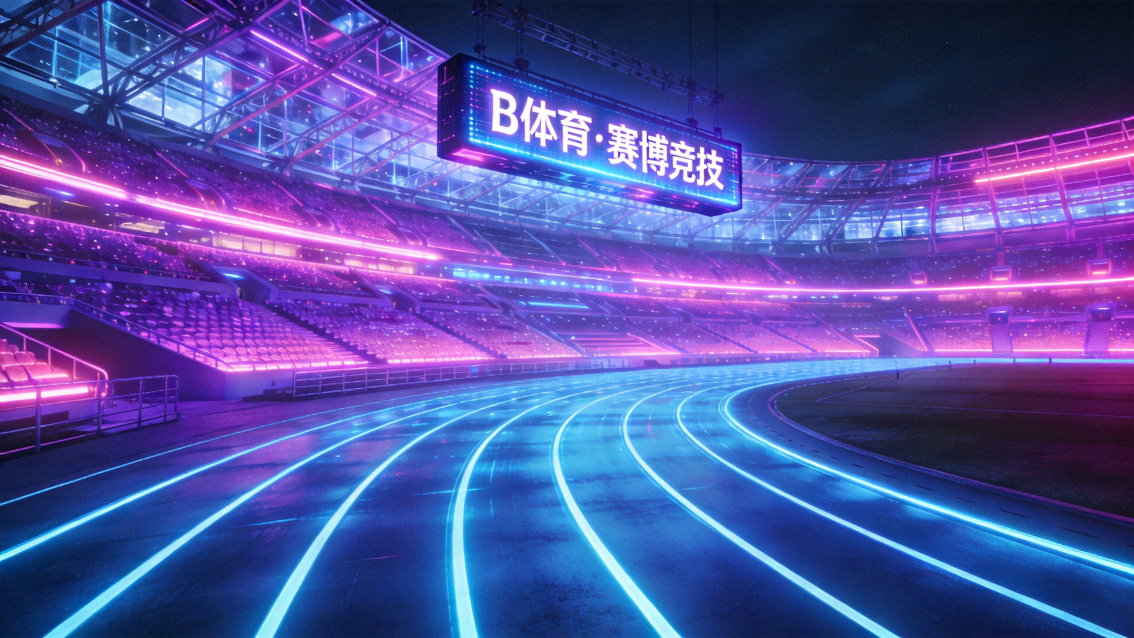 B体育官网赛博竞技场馆全景 - 霓虹灯光笼罩下的未来体育场跑道与观众席