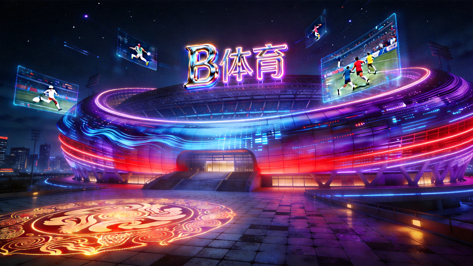 B体育赛博国潮世界观概念图 - 未来城市夜景与体育场馆霓虹光带交织的科技画面