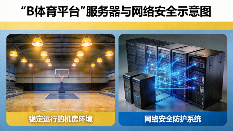B体育平台服务器与网络安全示意图，篮球场灯光象征稳定运行的机房环境