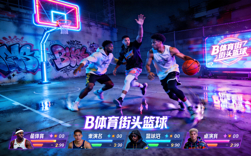 B体育街头篮球游戏模式截图 - 霓虹灯光下的三人篮球对抗场景