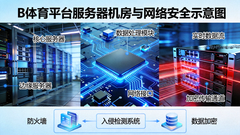 B体育平台服务器机房与网络安全示意图 - 电路板与数据流光线