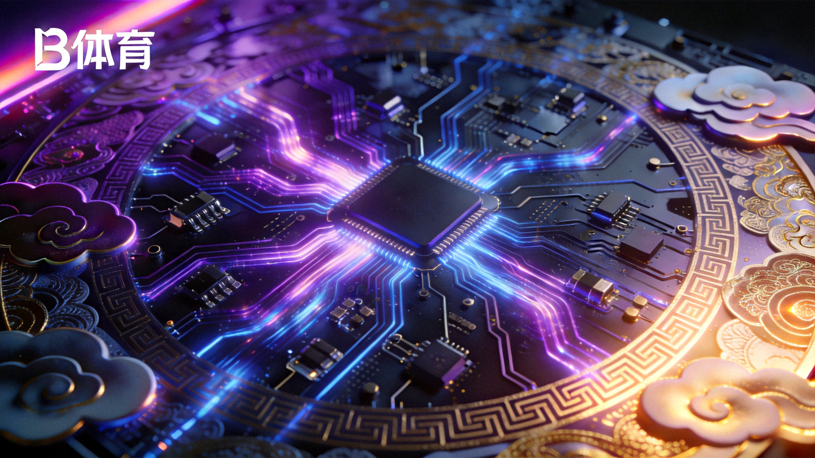 B体育赛博国潮世界观艺术概念图 - 未来科技电路板与霓虹光效融合