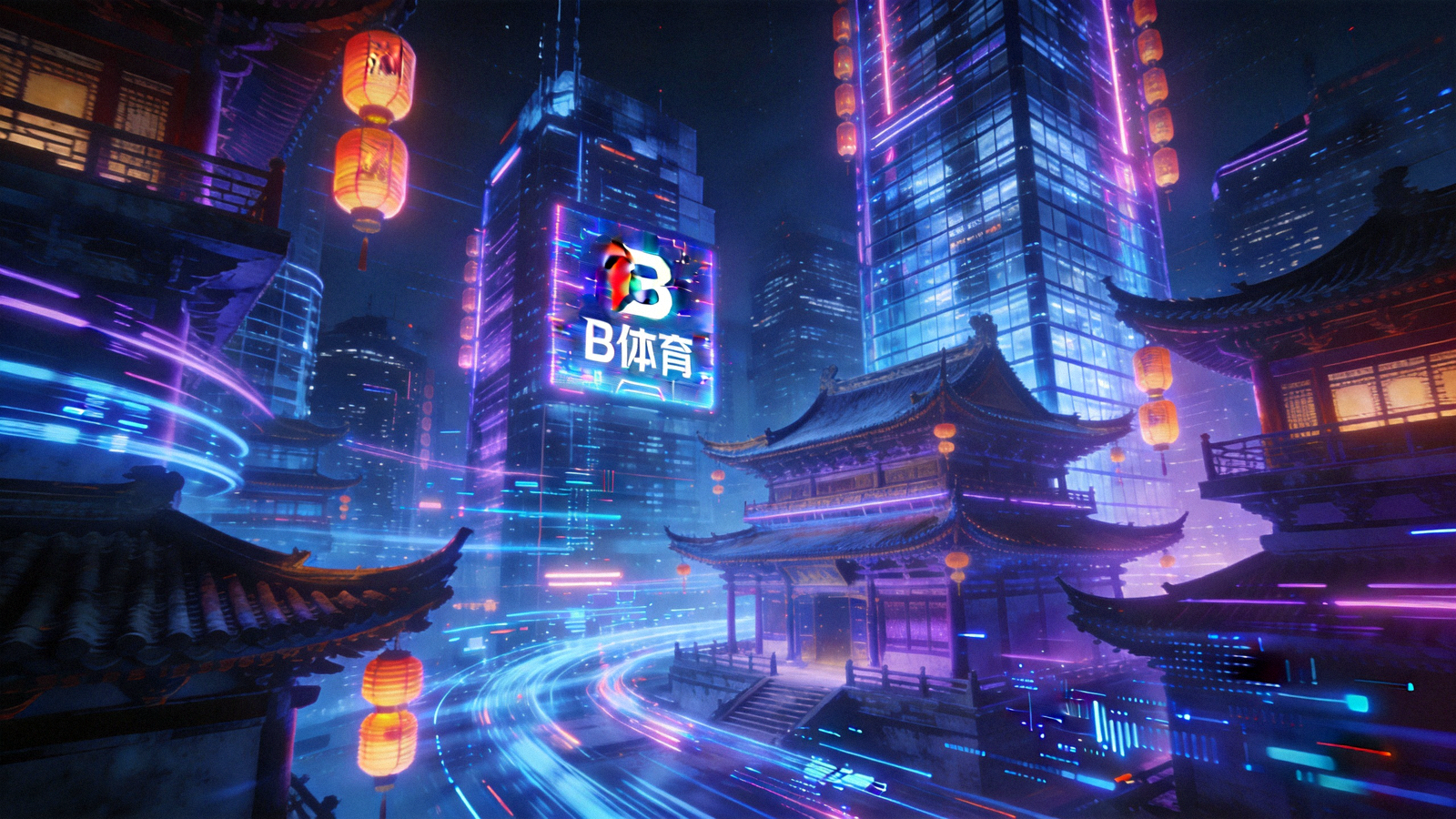 B体育赛博国潮世界观背景 - 未来城市夜景与数据流光效交织的画面