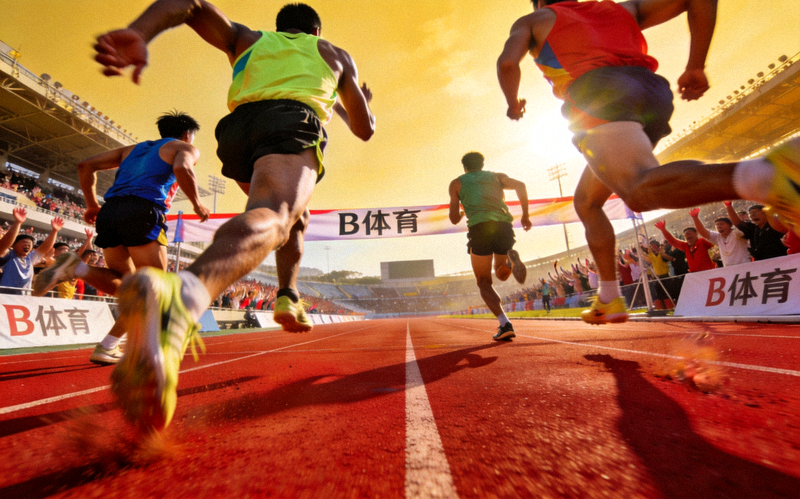 B体育田径竞速项目场景 - 跑道上运动员全力冲刺的画面